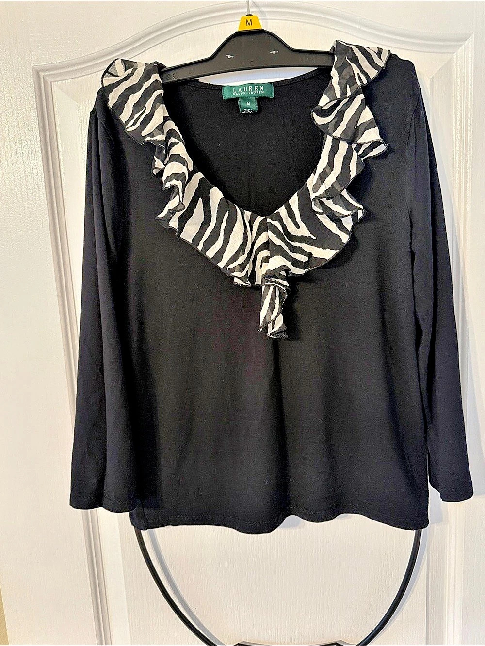 Lauren Ralph Lauren Zebra Print Ruffle Neck Blouse Size Medium